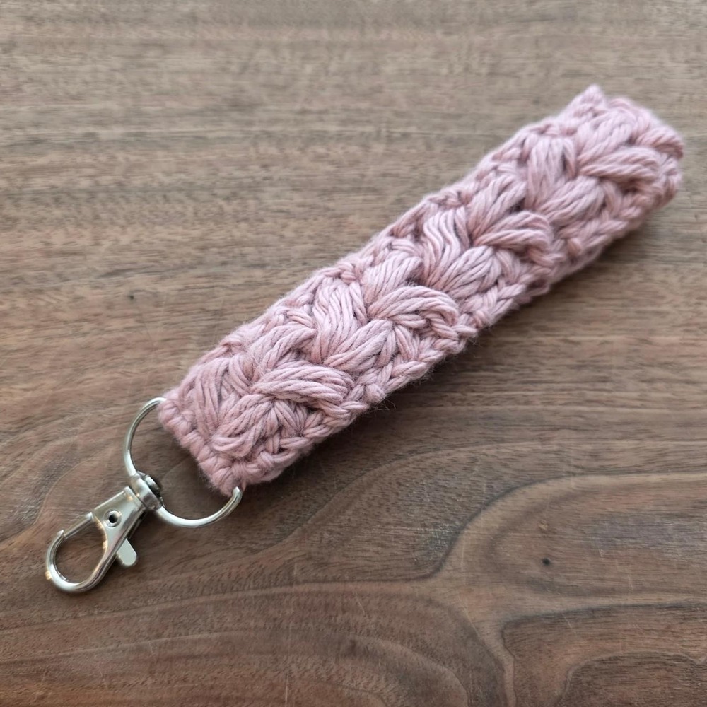 Handmade Crochet Wristlet Keychain Dusty Pink Floral Puff Cotton Key Fob Silver